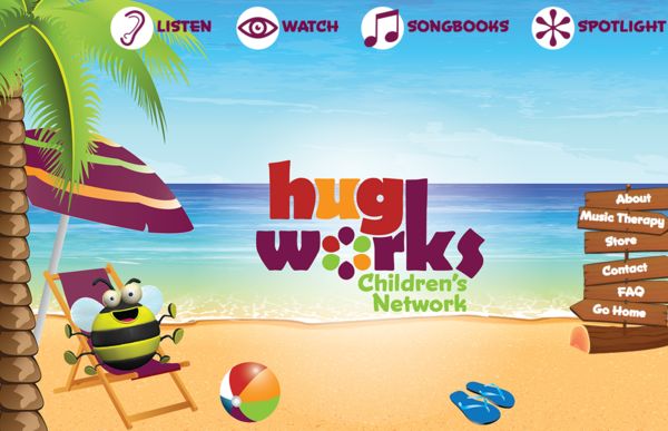 Hugworks Children's Network website home page, a cartoon beach scene with a large bee reclining in beach chair. 