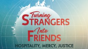Book cover of "Turning strangers into friends: Hospitality, mercy, justice."