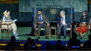 Summit of the Future Action Days High Level Dialogue with UN General Secretary Antonio Guterres. Guterres engages in conversation with a moderator and two other panelists.