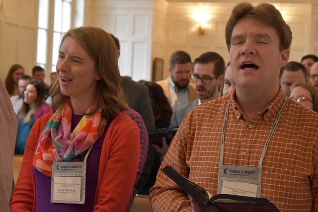 Participants in the 2018 Young Clergy Forum sing in worship. 