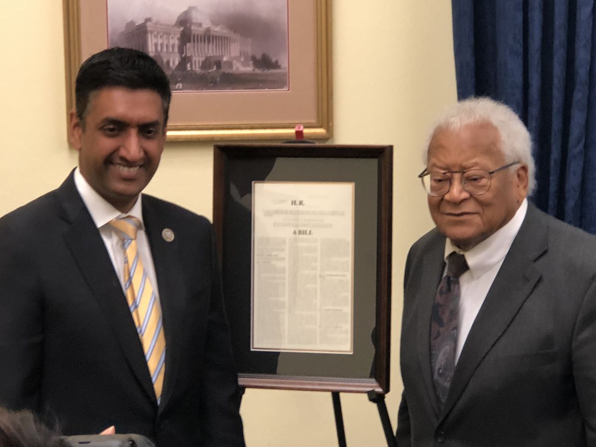 U.S. Rep. Ro Khanna and the Rev. James Lawson stand next to the proclamation Khanna introduced to award Lawson with the Congressional Gold Medal. 