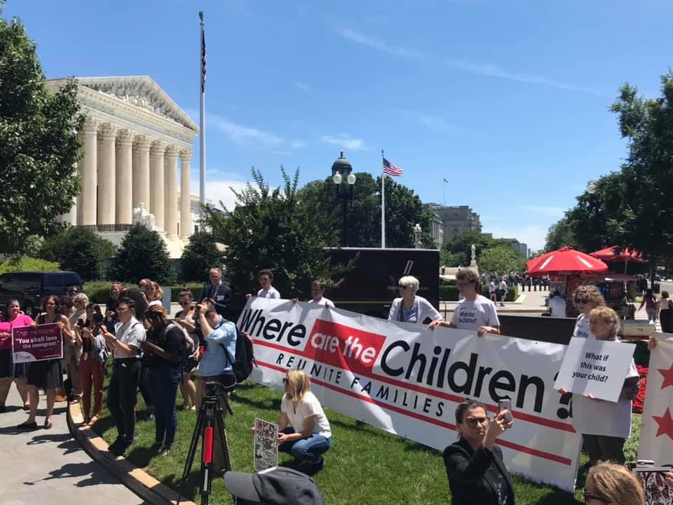 Protesters gather in front of the United Methodist Building in Washington D.C. to call for the closure of a family detention center in Homestead, Florida.