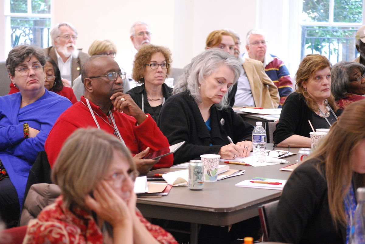 Large group listens to presention