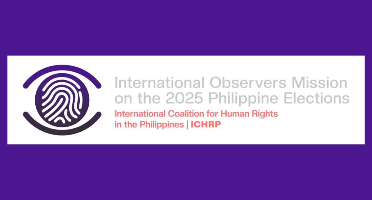 Logo for International Coalition for Human Rights in the Philippines (ICHRP), and to the right are the words "PHILIPPINE ELECTION 2022 International Observer Mission"