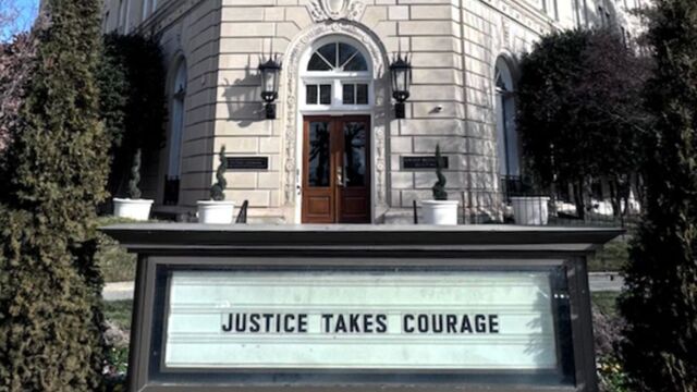UMB marquee sign says "Justice Takes Courage"