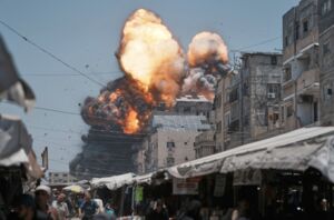 Multiple building explosions erupt during an Israeli bombing airstrike in Gaza City, Sunday, June 1, 2025. (Associated Press Photo/Jehad Alshrafi)