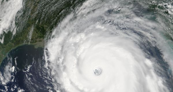 Hurricane Katrina, viewed from space, making landfall over Louisiana and Mississippi
