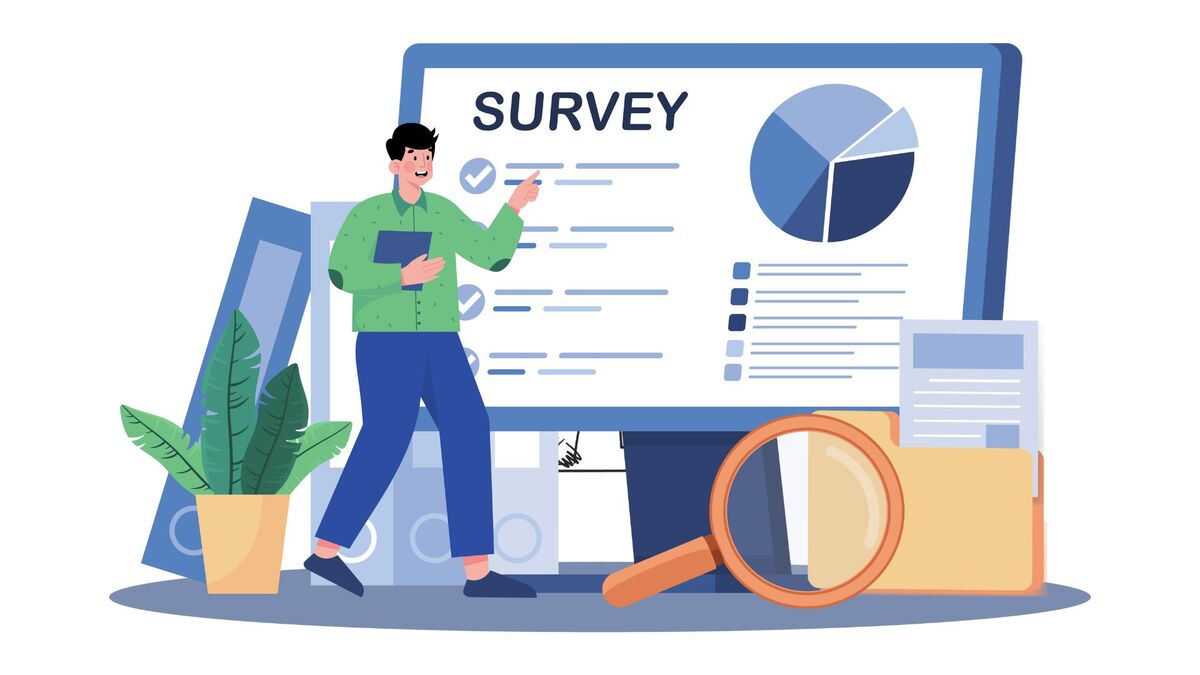 An image of a man pointing at a computer screen that says "Survey"