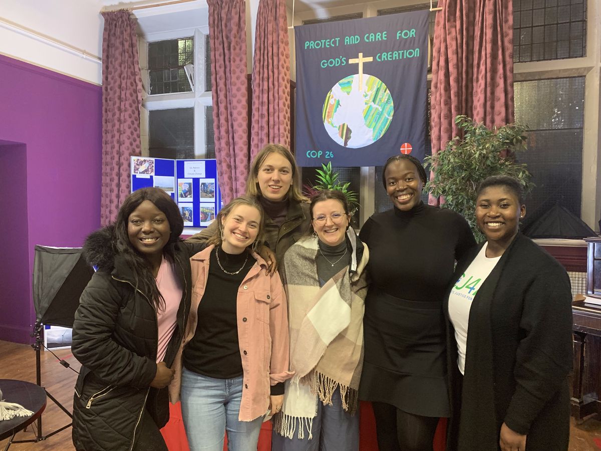 Laura Kigweba James, GBCS staff, second from right, joins some of the members of the Climate Justice 4 All Team, (from left) Camila, Irene, James, Mollie, and Jessica at Woodlands Methodist Church in Glasgow during COP26. 