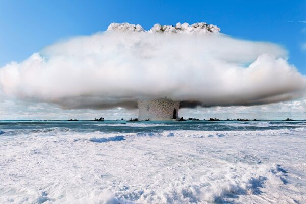 Nuclear Explosion mushroom cloud in the distance.